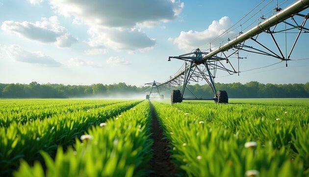 Center pivot irrigation system waters rich green field under cloudy sky. Agricultural machinery sprays water onto rows of young plants, ensuring healthy crop growth and efficient farming.