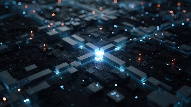 Closeup of a circuit board with glowing blue and orange lights on a complex electronic background