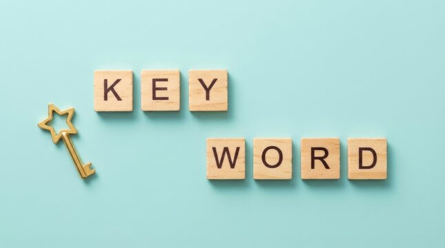Wooden tiles spelling 'key word' with golden key on light blue background symbolizing search concept