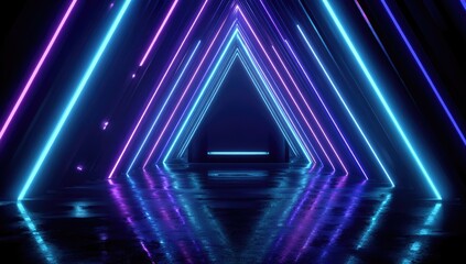 Naklejka premium A luminous triangle tunnel with neon lighting creates a futuristic, geometric perspective against a dark background, reflecting on the wet floor