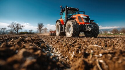 Obraz premium farm scene with a modern red tractor on prepared soil ready for crops under a sunny blue sky, clean and productive agricultural landscape 