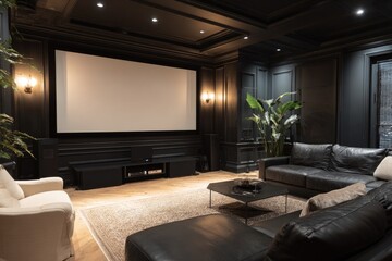 Fototapeta premium A luxurious home theater presents a large screen, dark wood paneling, comfortable leather seating, and decorative plants