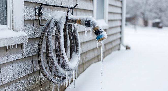 Frozen garden hose pipe covered in thick ice hanging on an outdoor residential wall during extreme winter cold weather with icicles and frost from subzero temperatures causing plumbing risks