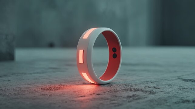 A white and red smart fitness tracker with glowing light on gray surface in a room