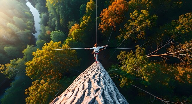 Highliner balancing on a slackline amidst a vibrant autumnal forest canopy, showcasing the harmony between human skill and the natural world, with a river winding below.