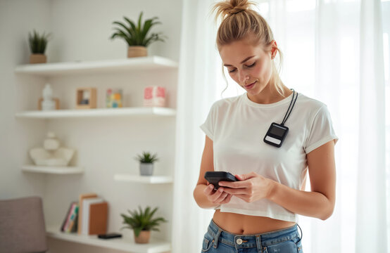 Woman uses portable heart rate monitor at home. Device records cardiac data for health check. Patient checks vitals wirelessly for well-being.