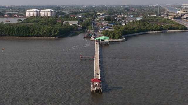 Aerial view of bang pu pier and mangrove forest coastline