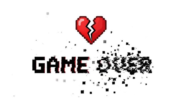 Pixelated broken heart above a dissolving 'Game Over' text, symbolizing the end of a digital experience or relationship.