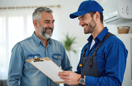Technician explains air conditioner service on clipboard to smiling homeowner. Man in blue uniform discusses work details with customer. Two men happy indoor interaction about home repair.