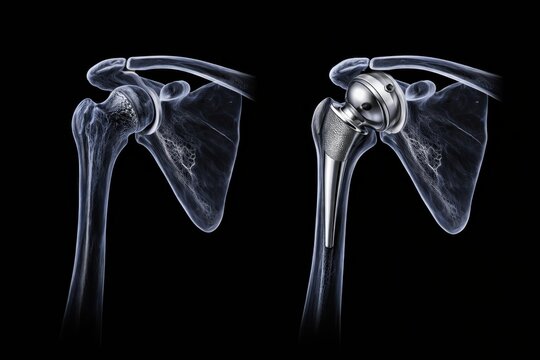 Comparison of normal shoulder joint and total shoulder prosthesis, showing humerus and scapula anatomy with implanted components, educational medical illustration, generative ai illustration