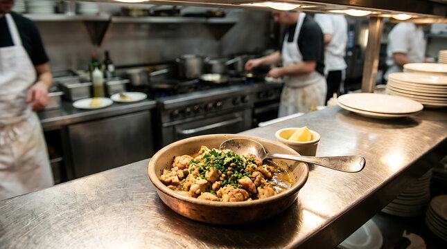Chef prepares food in a busy kitchen with a dish on the counter