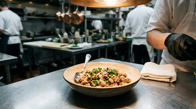 Chef prepares healthy food in busy restaurant kitchen with coworkers