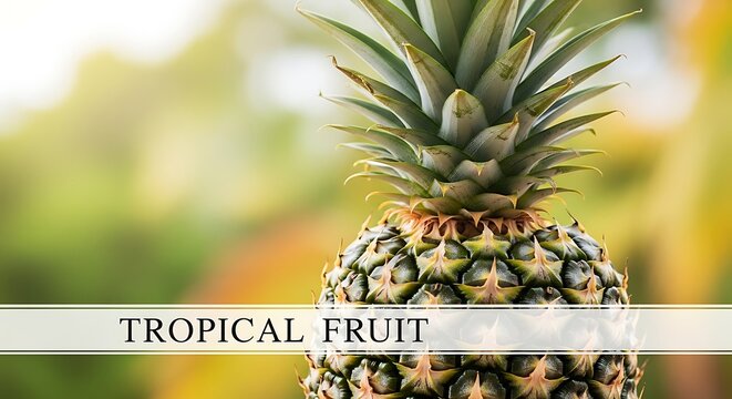 Close up of whole pineapple with green leaves and text space.