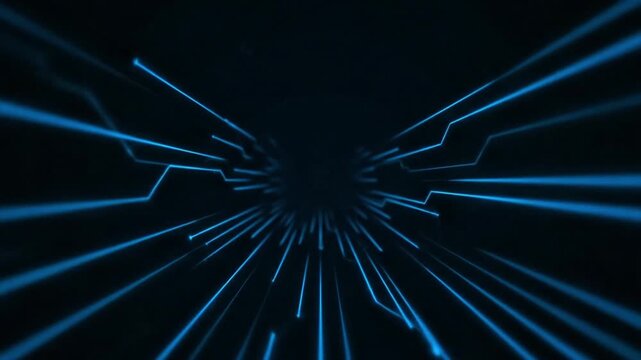 Glowing blue neurons emit vibrant light beams in a dark microscopic environment.