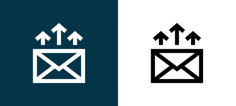 Black and white outgoing email outline icon duo, editable stroke vector illustration for web, mobile apps, UI design, branding, and print from Marketing