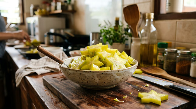 A person prepares food in a kitchen with a bowl on a wooden countertop.
