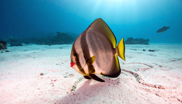 Vibrant Teira batfish with red lips swims over sunlit sandy ocean floor. Captivating underwater scene ideal for nature conservation, marine life blogs, and travel promotions.