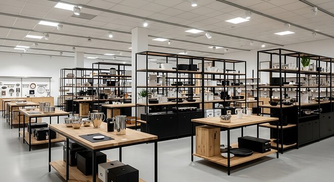 Interior of a modern kitchenware store with shelves and wooden display tables