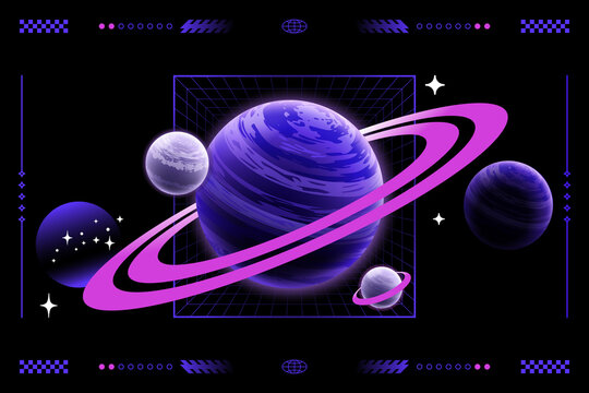 Futuristic Space Poster Set with Neon Planets and Sci Fi Typography