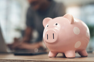 Piggy bank, finance or person in home, savings for profit increase or mortgage payment. Apartment,...