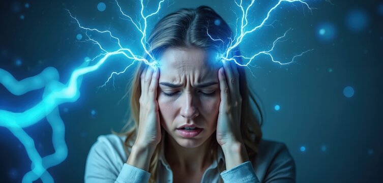 Woman holds head experiencing severe migraine or headache. Electric blue lightning bolts shoot from brain indicating intense pain. Blue digital particles float in dark background.