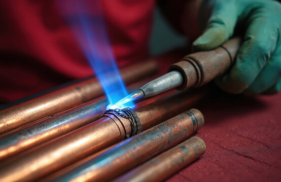 Worker in gloves uses torch to braze copper pipes. Intense blue flame heats metal joint. Close-up of plumbing or HVAC work. Skillful hands join pipes. High temperature welding process.