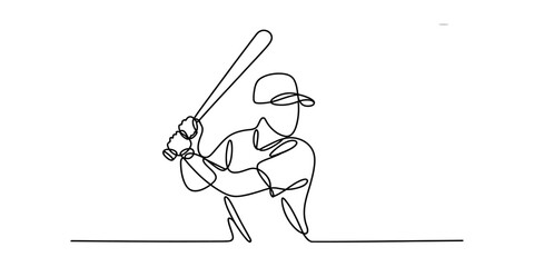 A single continuous line drawing of a baseball player preparing to swing a bat at the home plate. Vector, illustration © Badhon_Designer