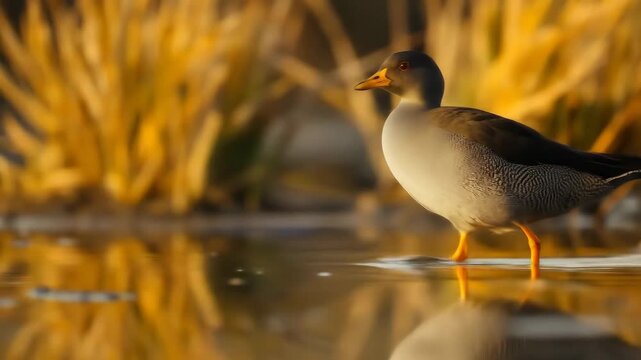 Grey water bird with orange legs wading through a shallow marsh during golden hour sunset light.