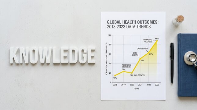 A graph showing global health outcomes data trends from 2018 to 2023 on a desk with knowledge written in blocks and a notebook.
