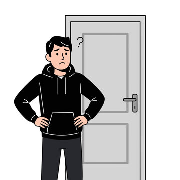 Confused young man standing in front of a closed door.