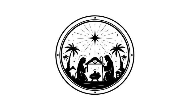 Nativity silhouette badge logo vector with holy family star and palm trees circular religious Christmas design