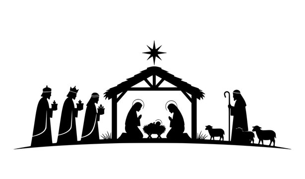 Nativity scene silhouette vector with holy family wise men shepherd and star minimalist Christmas religious illustration