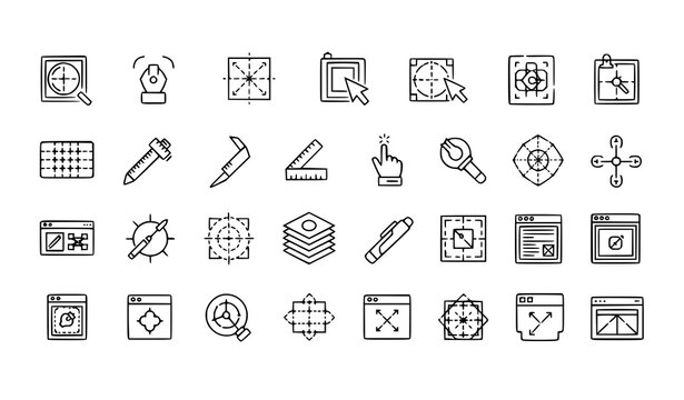 Blueprint UI outline icon set vector with drafting interface tools grid zoom and measurement editable stroke design