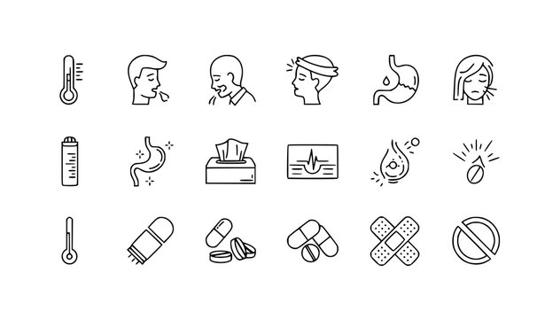 Sickness and illness outline icon set vector with symptoms fever cough pain medicine editable stroke linear collection