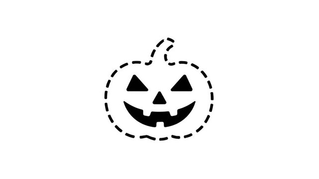 A simple, stylized black and white illustration of a jack-o'-lantern with a dashed outline, perfect for Halloween-themed designs.
