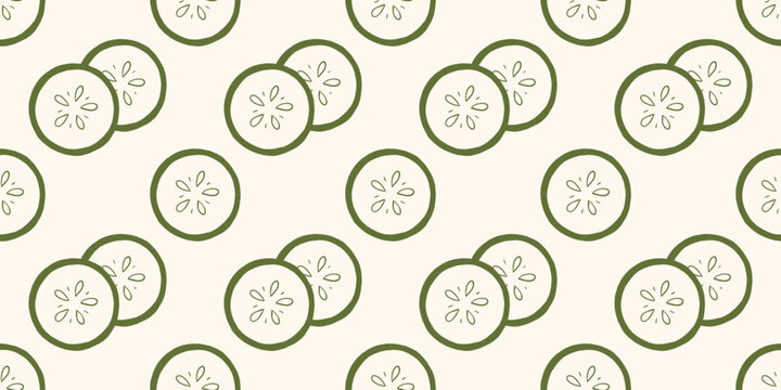 Vector green hand drawn outline sketch monochrome doodle seamless pattern with cucumber slice on soft backdrop. Vegetable cucumber repeat background for kitchen textile, packaging, paper print design.