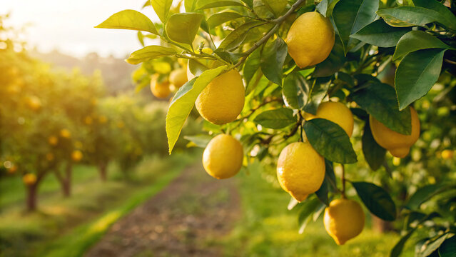 Lemons grow on tree branches in garden during sunny afternoon near field of lemon trees