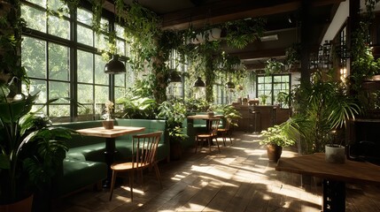Fototapeta premium Cozy cafe interior with wooden tables and green seating