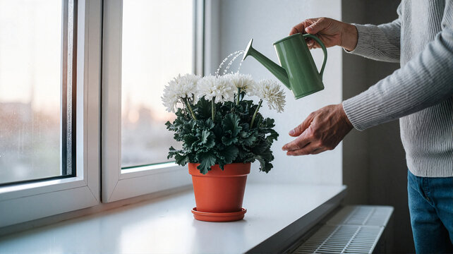Person watering white flowers in a pot by the window at home  