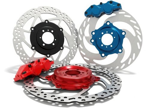Set of brake rotors and calipers in red, black, and blue colors.