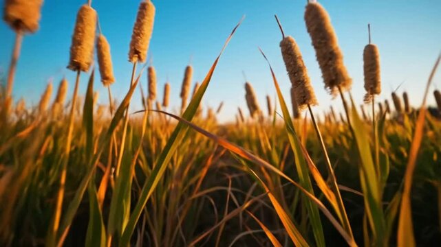 Low angle view of cattail reeds blowing in the wind during a golden sunset, blue sky background