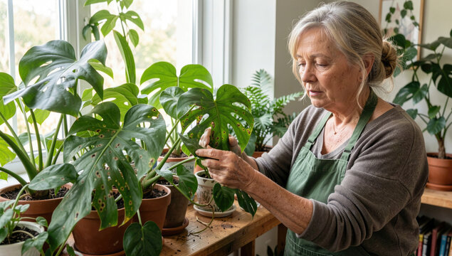 A woman in an apron works on a plant, likely in a garden or greenhouse