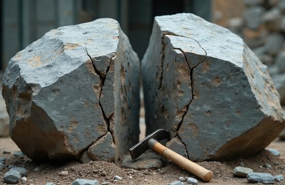 Grey granite boulder split in half with visible cracks and drill holes. A hammer and wedge rest nearby on the ground. Stone cutting for construction or decor.