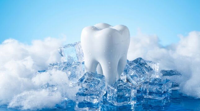 White Tooth Toothpaste Model Surrounded by Ice Cubes on Snowy Surface in Bright Blue Sky