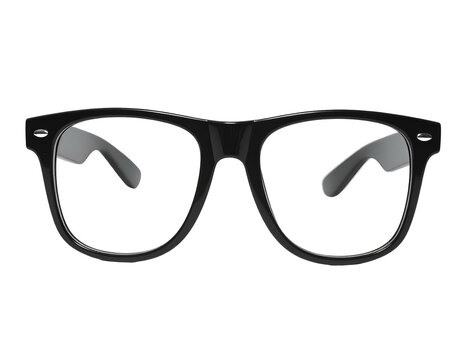 Black retro eyeglasses with clear lenses on white