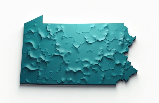 Three dimensional map of Pennsylvania state shows its regions. This graphic illustration details US state outline with textured surface and deep colors.