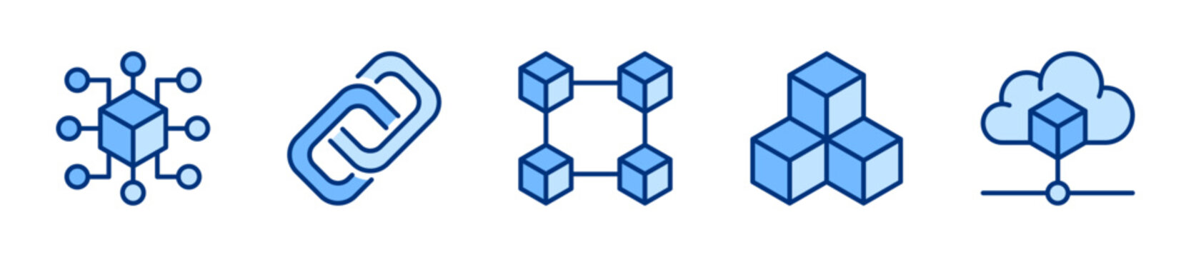 Blockchain solid icon set. Digital Technology, Crypto, Fintech, Finance, Network, Bitcoin concept. Blue vector icons collection.