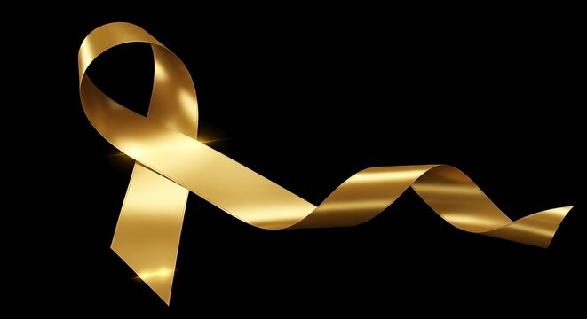 A glossy golden ribbon curls against a stark black background, symbolizing awareness