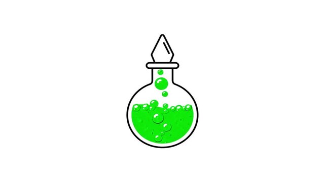 A simple, stylized illustration of a round-bottomed flask filled with a vibrant, bubbling green liquid, capped with a pointed stopper.