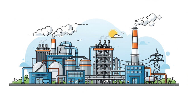 Detailed Illustration of an Industrial Factory with Smoke Stacks.